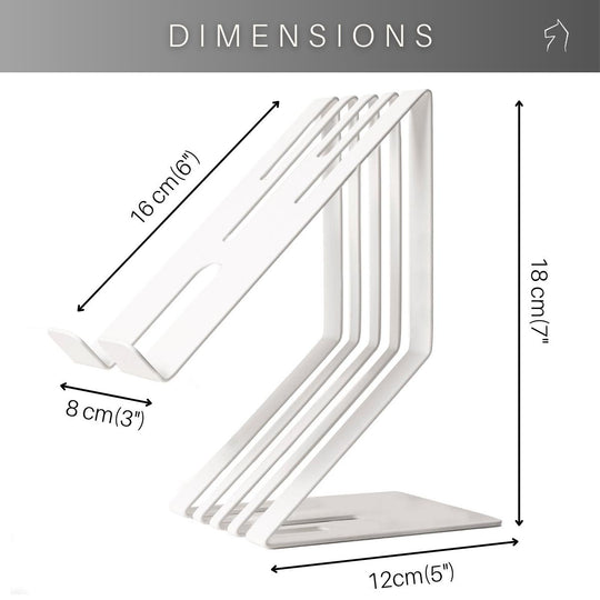 White metal phone holder with a slotted design, displayed with measurements: 18 cm tall, 16 cm deep, 12 cm wide at the base, and 8 cm wide at the cradle.