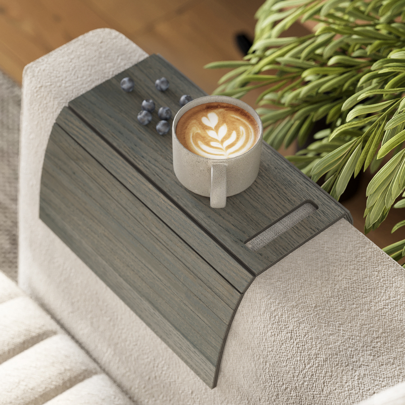 Grey wooden sofa arm tray with phone slot couch table natural wood finish