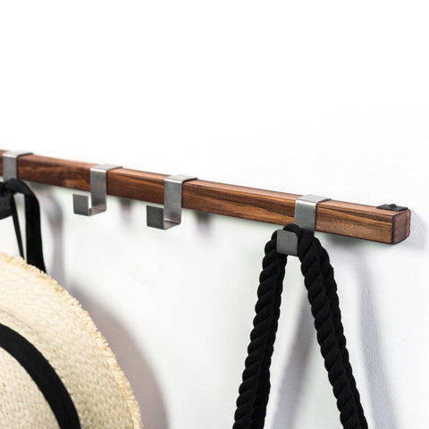 Wooden entryway coat rack wall hanger with 5 metal hooks for hallway
