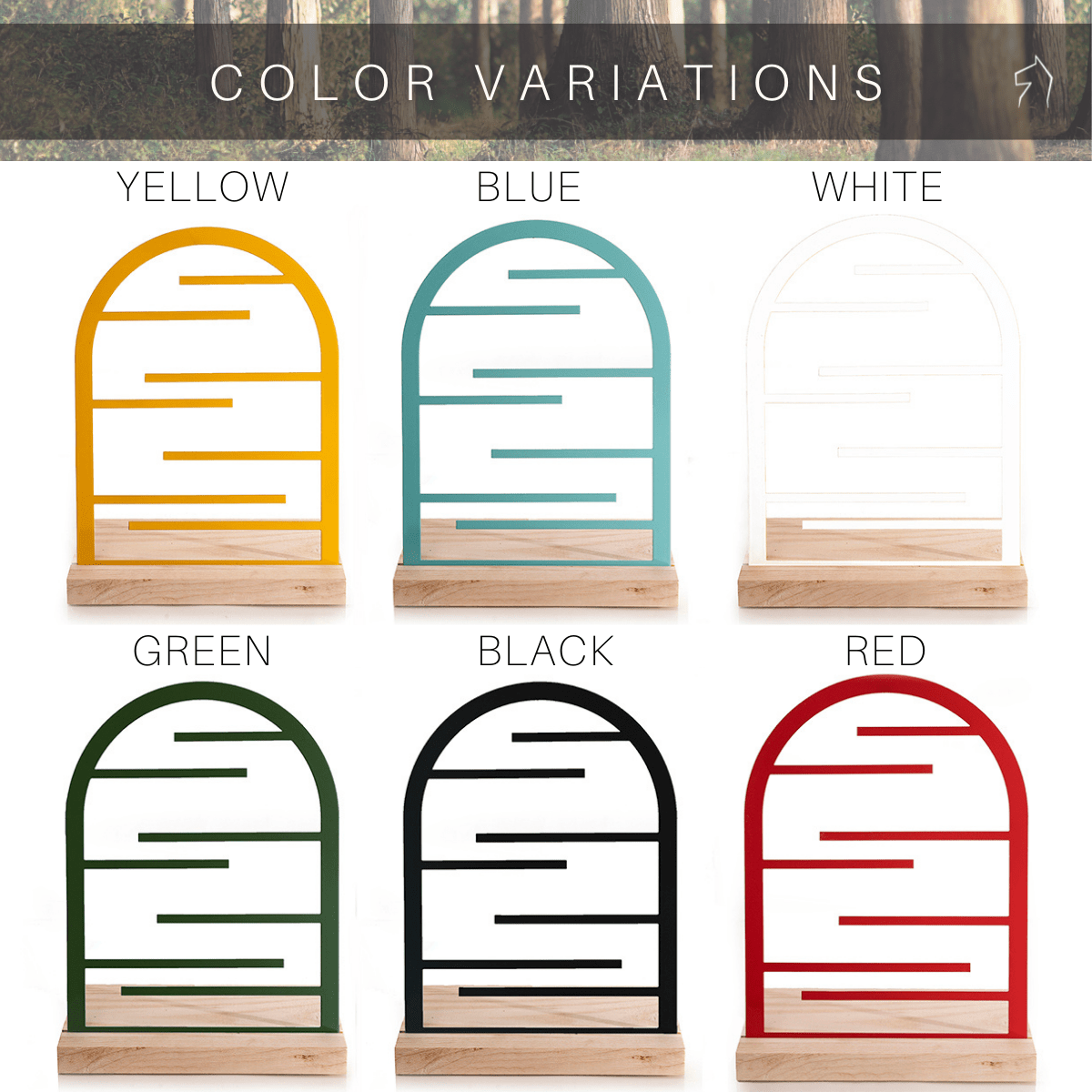 Jewelry holders available in six color variations: yellow, blue, white, green, black, and red. Each holder features an arched frame with horizontal bars, made from durable steel and set on a wooden base.