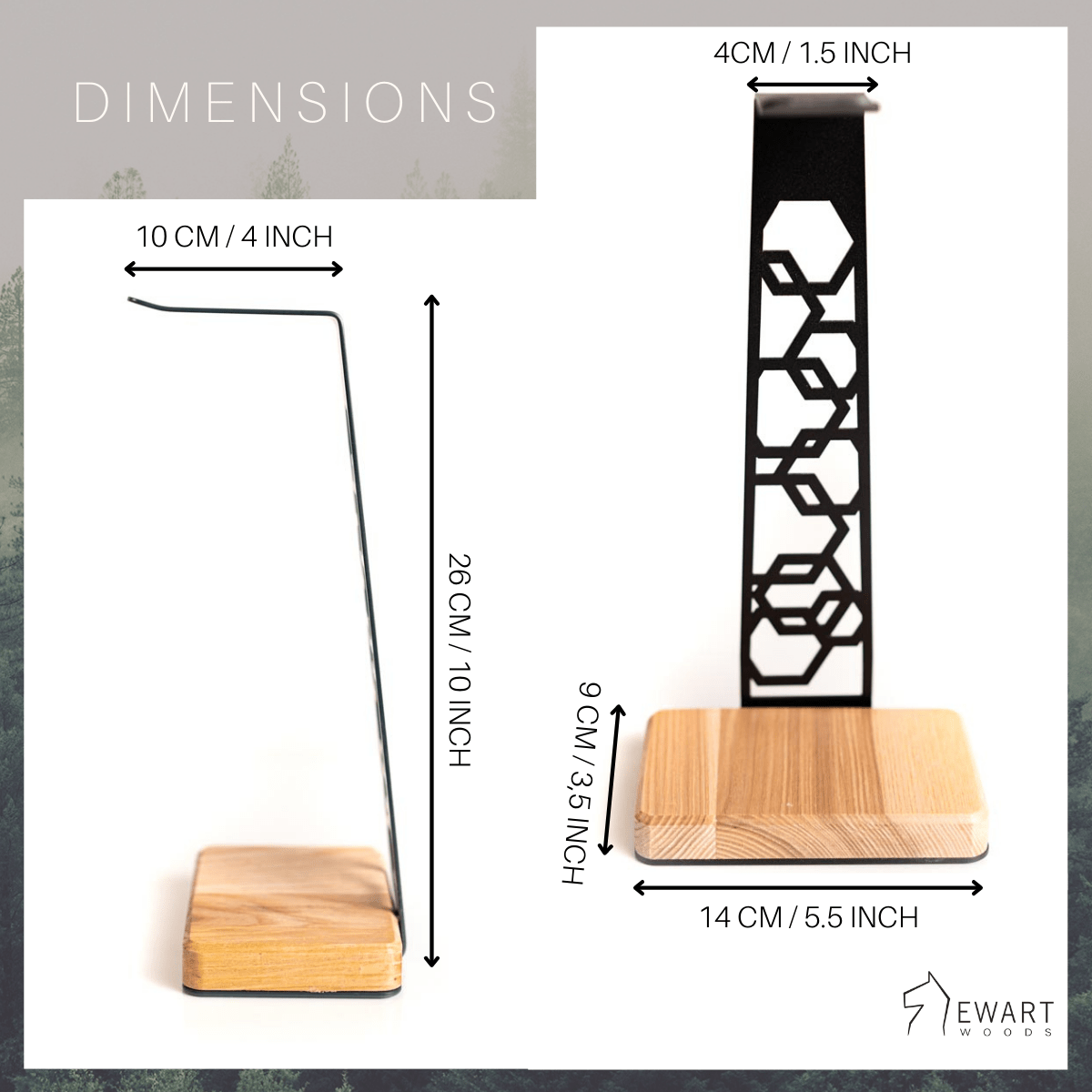 The image shows the dimensions of the headphone stand in centimeters. It has a height of 26 cm, a base width of 14 cm, and a depth of 10 cm. The steel frame has a width of 4 cm, while the wooden base is 9 cm tall. 